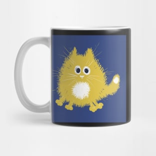 Funny Yellow Fluffy Cat on Blue Background Mug